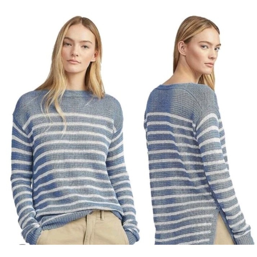 Polo Ralph Lauren Women Blue White Striped Crochet Boat Neck Sweater Small